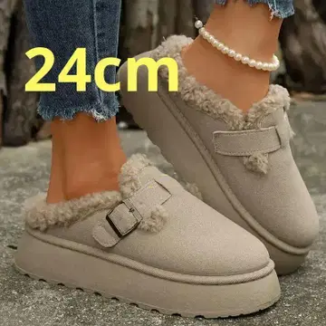 미사용 새상품 n 통굽 퍼 달린 숏부츠 베이지 24cm 귀여운