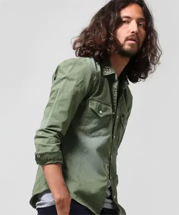 Lee x 나노 유니버스 별주 스터드 웨스턴 셔츠 콜라보 카키