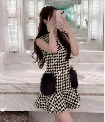 LUMIGNON 하운드투스 패턴 슬리브리스 미니 원피스 루미뇽