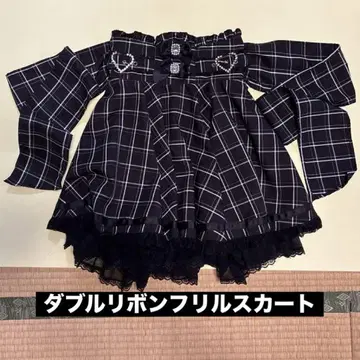 더블 리본 플레어 스커트 체크 무늬 블랙