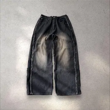 아카이브 배기 데님 블랙 사이드 프린지 남성용 L 그런지 스트릿