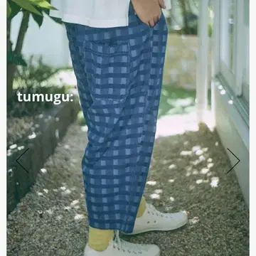 tumugu: 인디고 체크 와이드 실루엣 팬츠