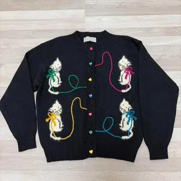 빈티지 고양이 컬러풀 하트 버튼 니트 가디건
