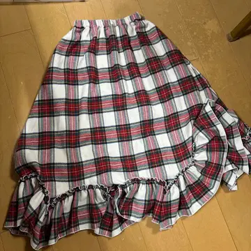 메리제니 타탄 체크 프릴 체크 플레어 스커트 화이트 레드