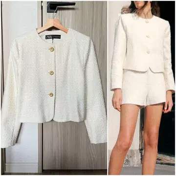 택 포함 새상품 ZARA 자라 라운드넥 트위드 블레이저 화이트