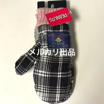 스누피 SNOOPY 장갑 미튼 타탄 체크 검정 블랙 핑크