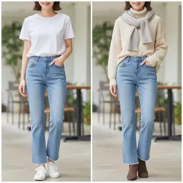 더블 클로젯 컷팅 허리밴딩 데님 팬츠 페이드감 면