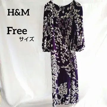 새상품급 H&M [프리 사이즈] 퍼플 잎 패턴 7부 소매 카슈쿨 원피스