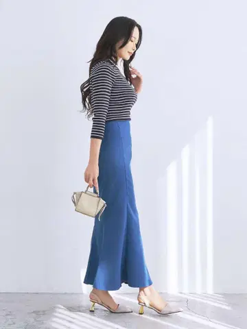 overE 7부 소매 프티 하이 보더 패널 니트