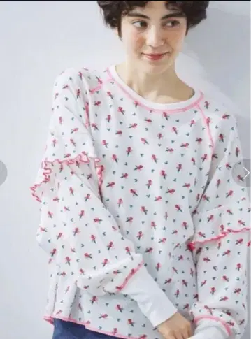 Samansa Mos2 와플 꽃무늬 배색 메로 티셔츠 핑크