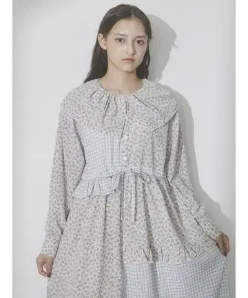 merry jenny 개더 칼라 패치워크 원피스 블루