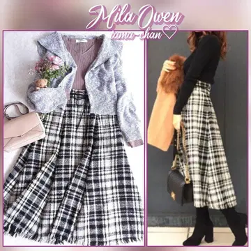 Mila Owen 허리 리본 벨트 부착 밑단 프린지 체크 트위드 스커트