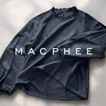 MACPHEE 네이비 블라우스 프릴 하이넥 풀오버 울