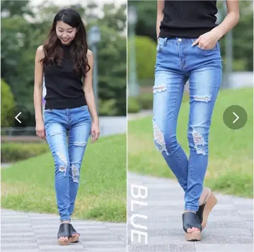 데님 하이웨스트 팬츠 데미지 스트레치