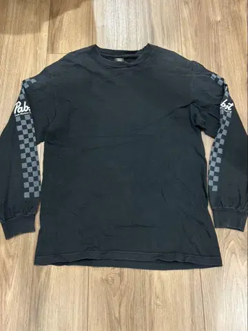 90s 블랙 페이드 롱T 파브스트 맥주 소매 프린트 체크 무늬 깃발