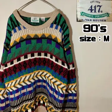 90s 빈티지 VANHEUSEN 코튼 스웨터 올 패턴 멀티 컬러 M