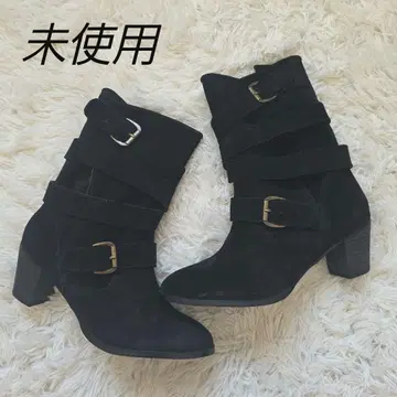 미사용 블랙 스웨이드 스트랩 부티 부츠
