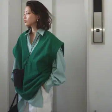 에트레토쿄 오버 사이즈 개더 셔츠 그린 스트라이프