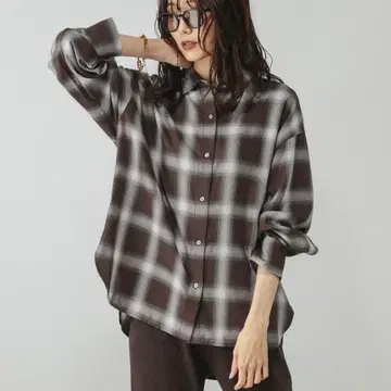 GLOBAL WORK 체크 셔츠 긴팔 브라운 옴브레