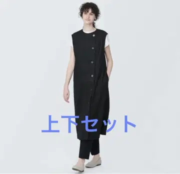 무인양품 여성 헴프 혼방 스트레치 베스트 원피스와 팬츠 세트 M 블랙