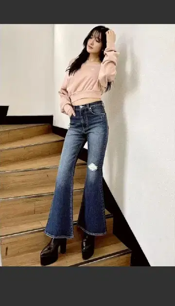 GYDA 하이웨스트 데미지 플레어 데님 팬츠 S 사이즈 인디고
