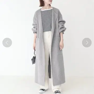 Spick & Span 볼륨 슬리브 노카라 롱 코트 그레이