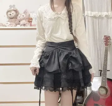 모리걸 레트로 펄 리본 프릴 레이스 티셔츠