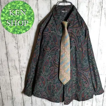 넥타이 셔츠 다크 그린 페이즐리 올 패턴 K-스타일 빈티지 구제 의류