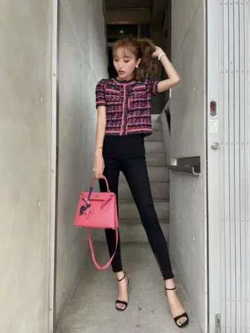 sheller 셰리에 썸머 트위드 가디건 핑크