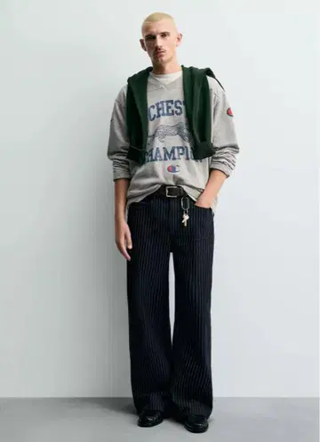 [ ZARA ] 36 #CHAMPION 스트라이프 배기 핏 청바지