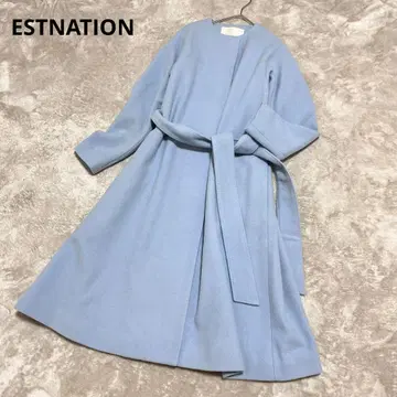 에스트네이션 울 노카라 벨벳 롱 코트 블루