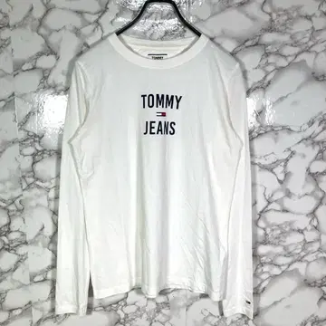 TOMMY JEANS (XS) 로고 프린트 긴팔 티셔츠 화이트
