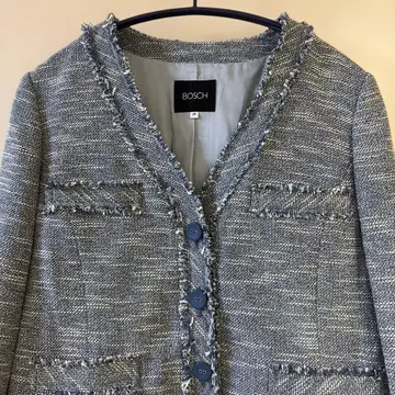 새상품급 BOSCH 보쉬 트위드 노카라 자켓 프린지 디자인 블루 38