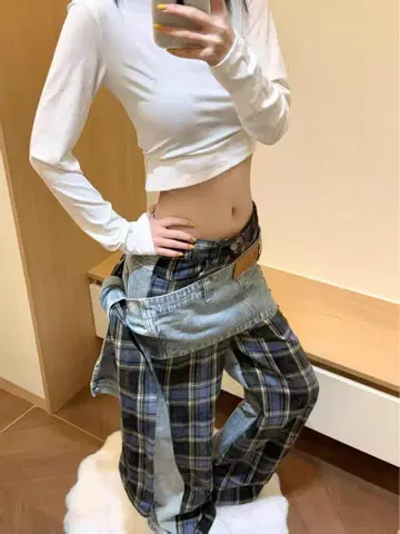 체크 무늬 데님 팬츠