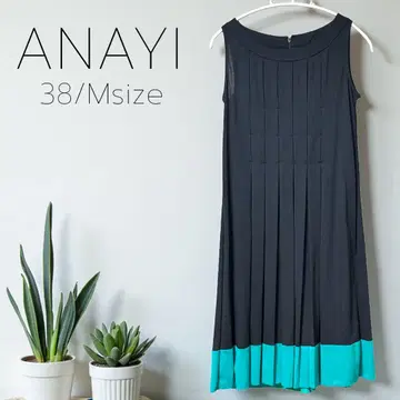 ANAYI 아나이 원피스 38 M 사이즈 네이비 그린 플리츠 절개