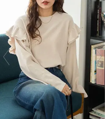 T셔츠 한정판 전개 와플 프릴 소매 롱 슬리브 풀오버