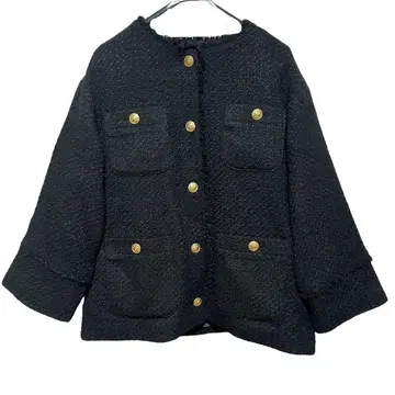 [ 새상품급 ] 펠리시모 트위드풍 노카라 자켓 골드 버튼 블랙 고급