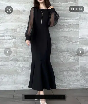 JUNOAH 시어 볼륨 슬리브 원피스 블랙 XL