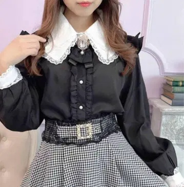 ROJITA 오버 레이스 리본 칼라 블라우스 블랙 프리 사이즈