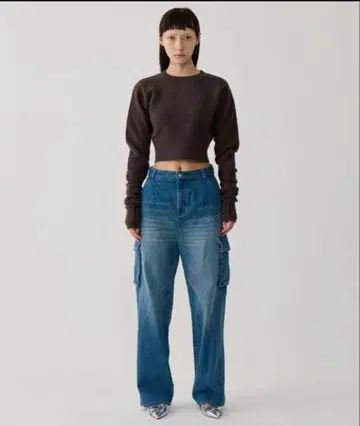 BEEDEN 블루 카고 데님 팬츠 하이웨스트