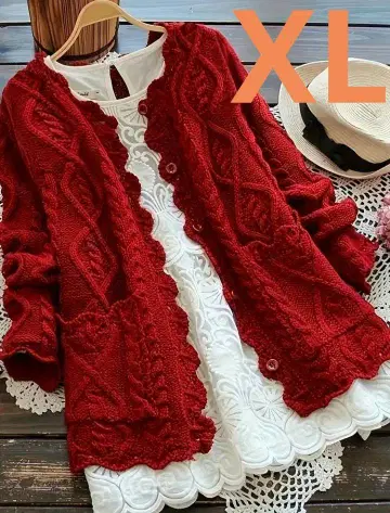 세련된 K 케이블 니트 가디건 빨간색 XL 귀여운 빅 사이즈