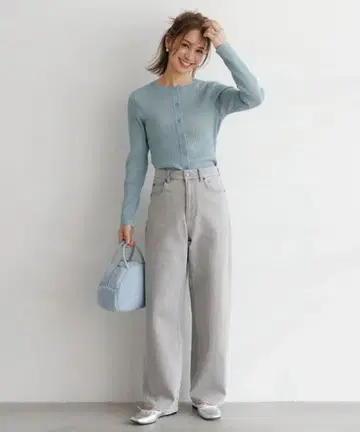 그레이 하이웨스트 와이드 레그 데님 팬츠 앙피로 커브 와이드