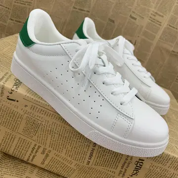 새상품 여성용 23.5cm 인조 가죽 코트 스니커즈 화이트 그린 3415