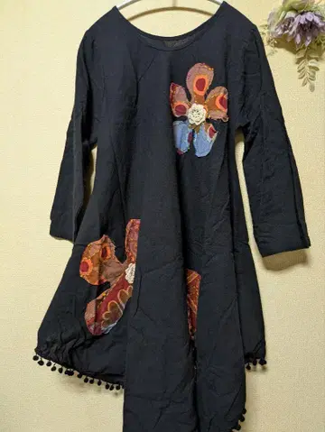 꽃 패치워크 자수 블랙 무릎 기장 원피스 미사용품