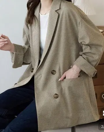 DISCOAT 체크 테일러드 자켓 베이지