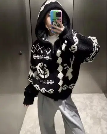 기하학 패턴 후드 부착 니트 가디건 자켓 한국