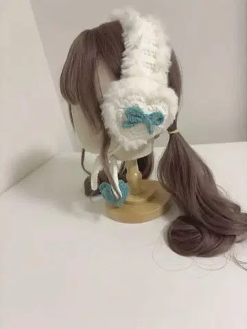 하트 귀도리 화이트 스카이블루 핸드메이드 리본 귀도리 귀마개