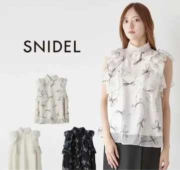 SNIDEL 리본 슬리브 오간 시스루 블라우스 네이비