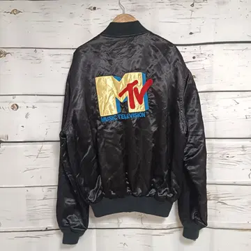 80s 빈티지 MTV 자수 로고 새틴 자켓 블랙