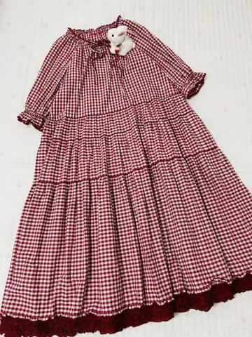 핑크하우스 깅엄 체크 원피스 이중지 2025 로고 자수